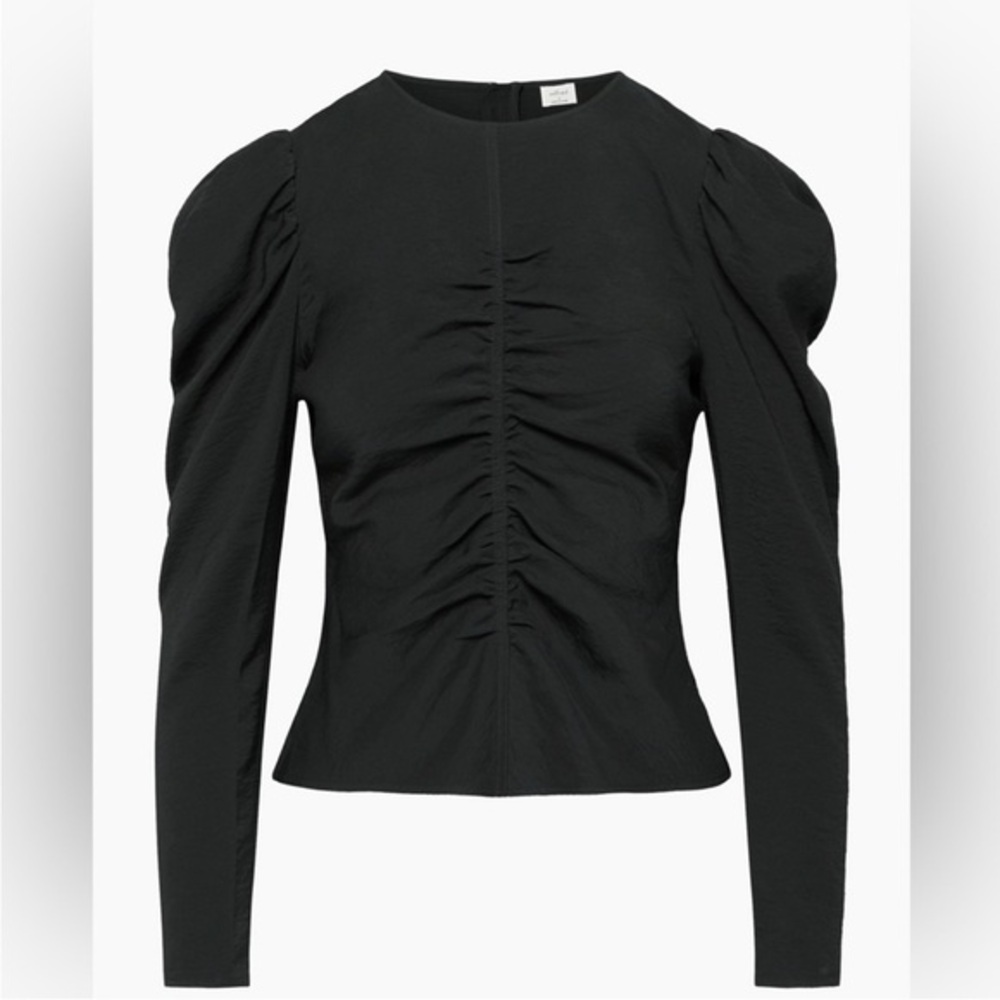 NWT Aritzia Wilfred Henrietta Blouse Black Ruched Puff Sleeve Size 8